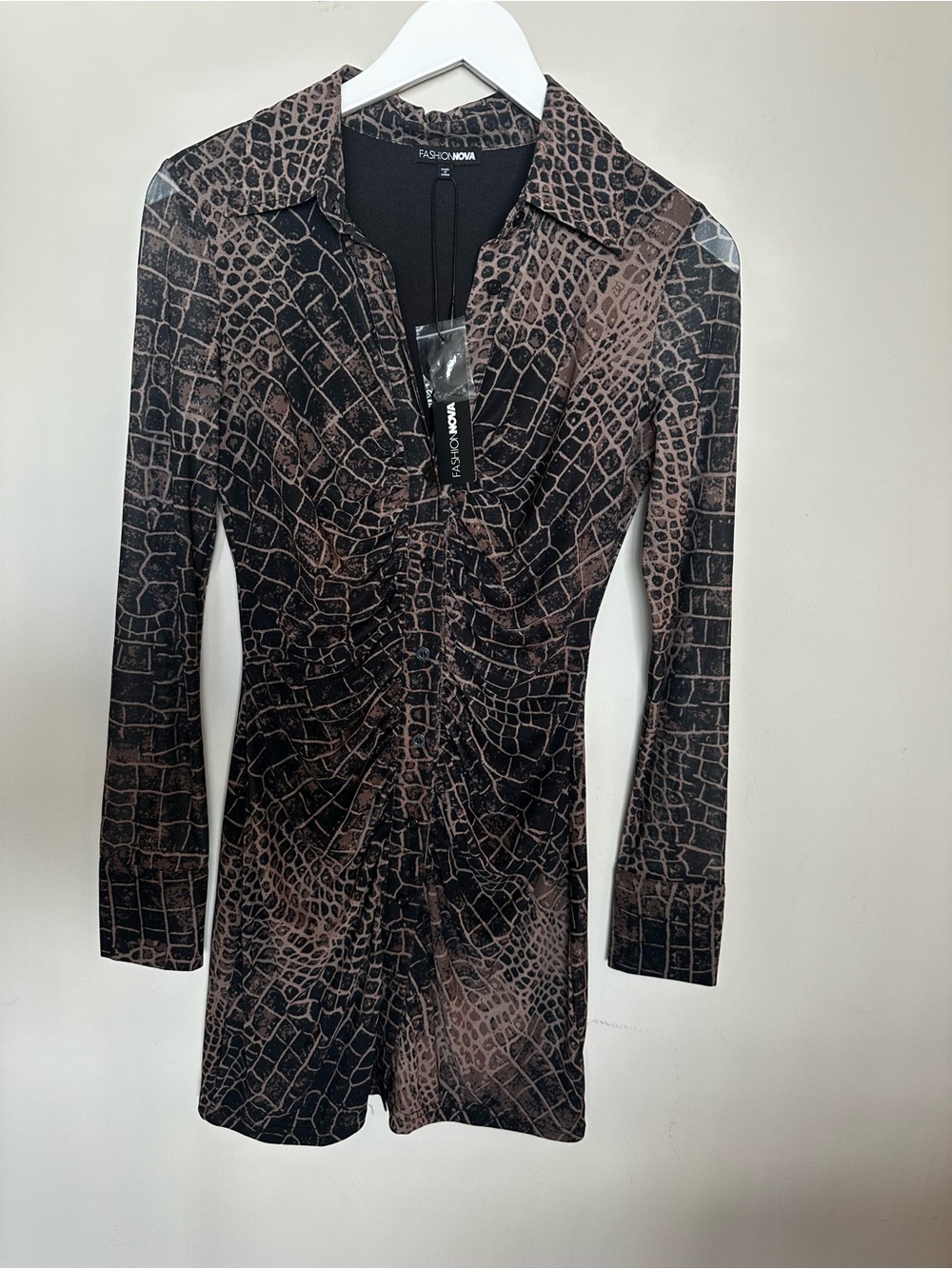 Fashion Nova Brown Croc-Print Long Sleeve Bodycon Romper
